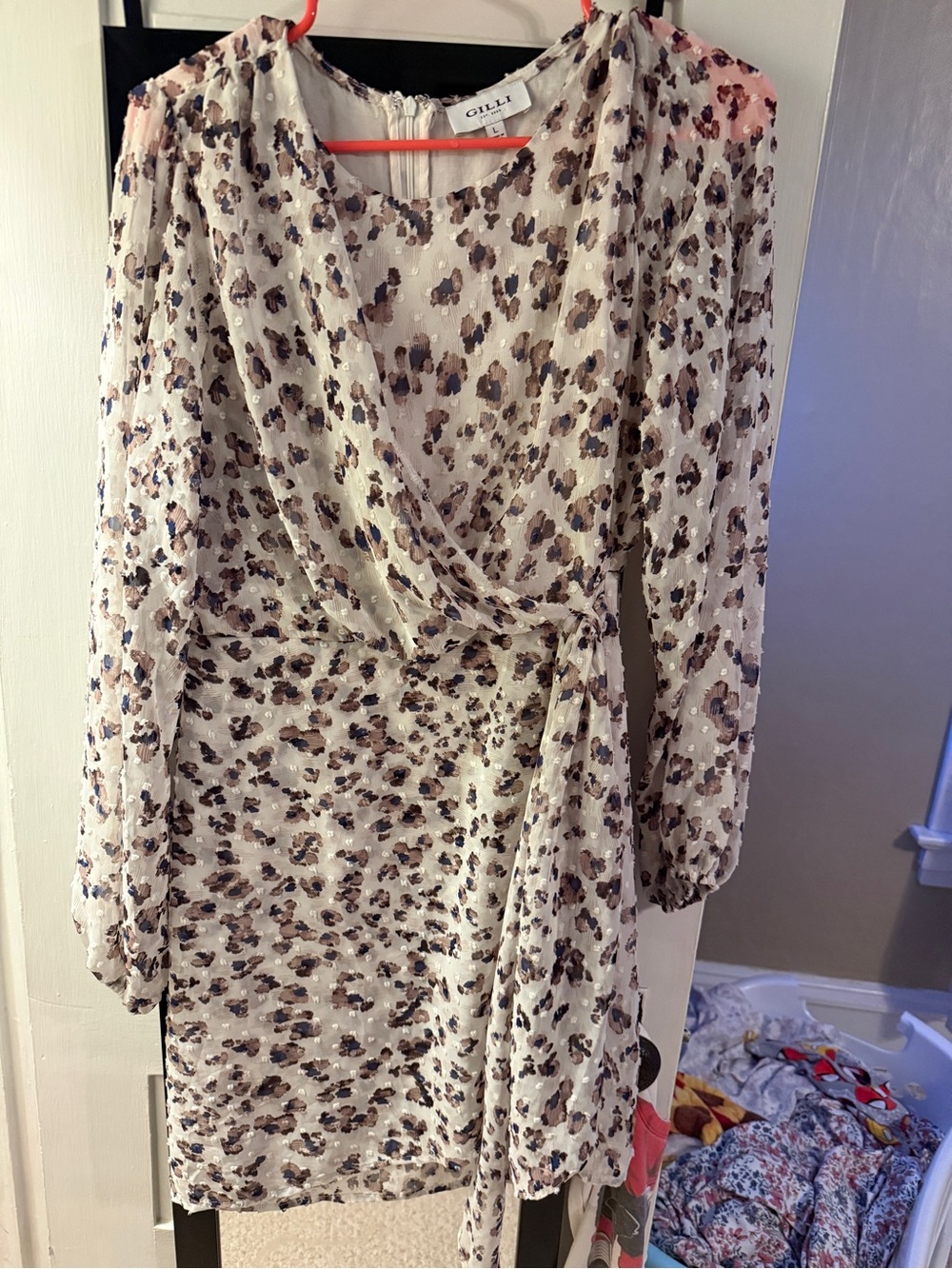 Gilli White Printed Wrap Dress with Brown and Blue Spots